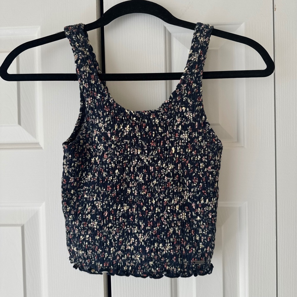 Hollister Womens Smocked Crop Tank Top Navy Blue Ditsy Floral XS Sleeveless